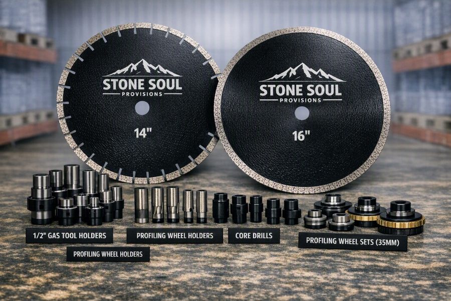 Stone Soul diamond blades and CNC tooling — 14" and 16" blades, gas tool holders, profiling wheel holders and sets, core drills
