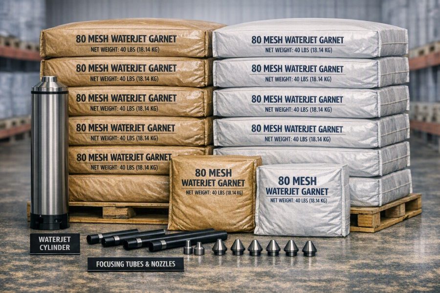 80 mesh waterjet garnet on pallets, waterjet cylinder, focusing tubes and nozzles