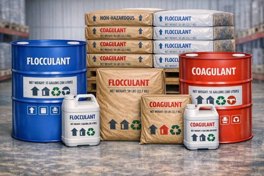 Flocculant and coagulant water-recycling chemicals — drums, containers, and bagged product