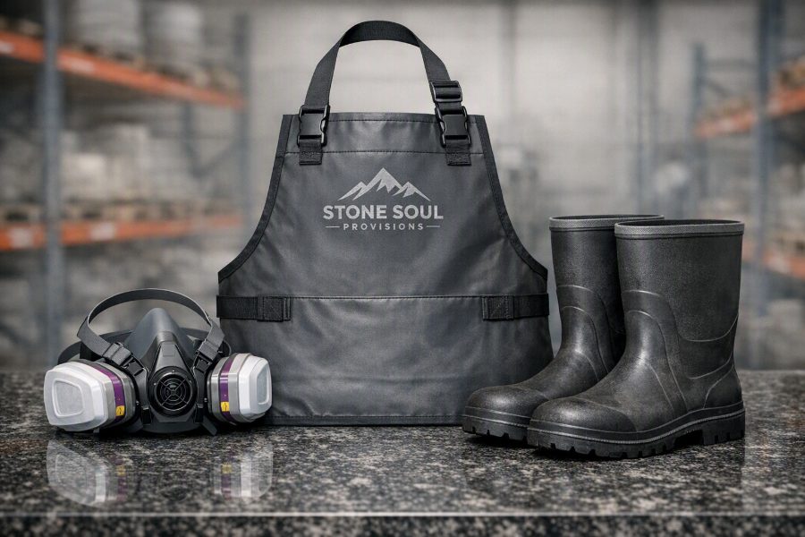 Stone Soul shop safety gear — half-face cartridge respirator, branded apron, and rubber work boots